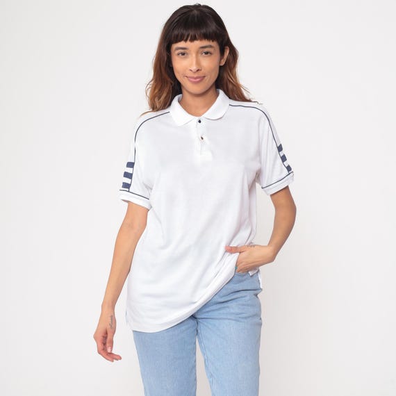 80s White Polo Shirt Navy Blue Trim Tennis Preppy Collegiate Short Sleeve Classic Fit Vintage Golf Country Club Style Athletic Large L