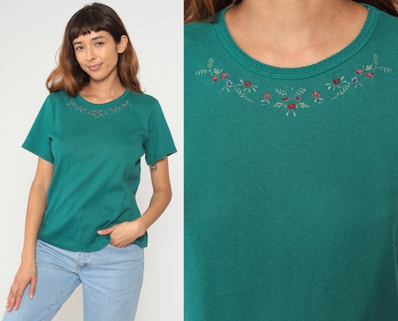 90s Green Embroidered Top Cotton Tee Floral Neckline Teal Emerald T-Shirt Round Neck Vintage Cottagecore Light Academia Minimalism Large L