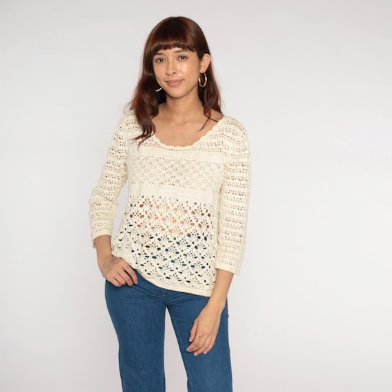 Off-White Crochet Top 00s Bohemian Shirt SHEER Blouse Cutout Top Boho Vintage Cut Out Grunge Open Weave Y2K Slouch Long Sleeve Large L