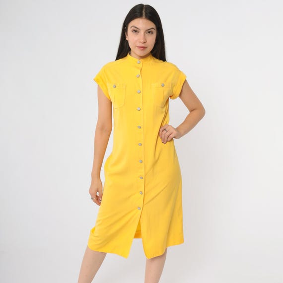 Yellow Shirtdress 80s Button Front Cap Sleeve Utility Pockets Cotton Safari Work Dress Bright Summer Office Career Casual Preppy Medium M 8