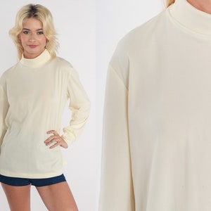 70er Top Creme Bluse Lang Ballon Ärmel Mock Neck Shirt Retro Plain Basic Chic Seventies Minimalist Mockneck Neutral Vintage 1970s Large L