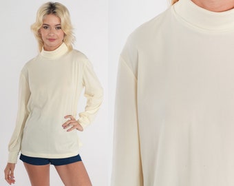 70s Top Cream Blouse Long Balloon Sleeve Mock Neck Shirt Retro Plain Basic Chic Seventies Minimalist Mockneck Neutral Vintage 1970s Large L