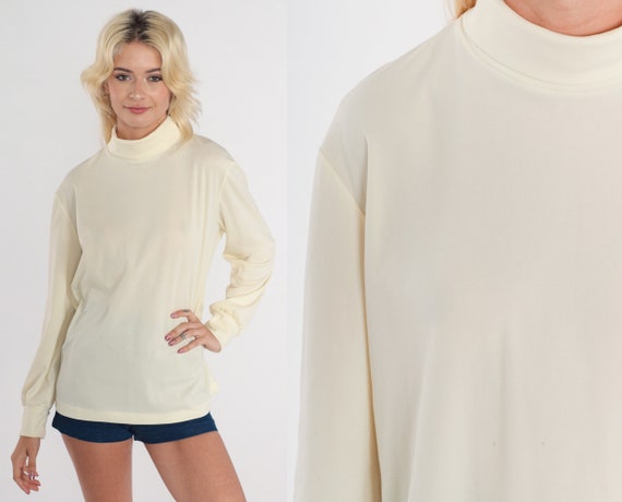 70s Top Cream Blouse Long Balloon Sleeve Mock Neck Shirt Retro Plain Basic Chic Seventies Minimalist Mockneck Neutral Vintage 1970s Large L