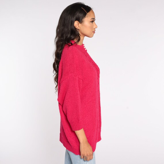 Hot Pink Cable Knit Sweater 80s Slouchy Knit Boho… - image 4