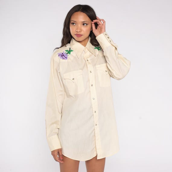 70s Lee Western Shirt Cream Floral Embroidered Authentic Pearl Snap Cowboy Cowgirl Rose Embroidery Unisex Oversized Men's Large Women's XL