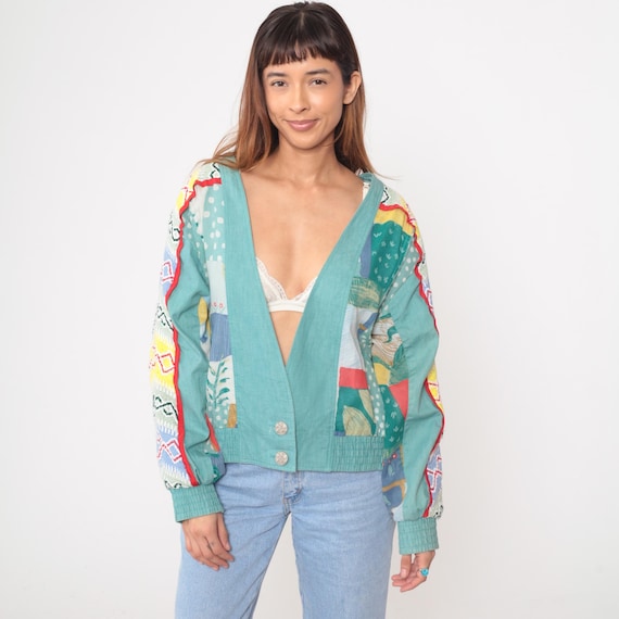 Y2K Patchwork Cardigan Tribal Print Polka Dot Multi Color Vintage Jacket Teal Yellow Blue Turquoise Abstract Eclectic Weird Girl Medium M