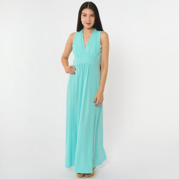 Vintage 70s Aqua Maxi Dress Blue Disco Gown Retro Party V Neck Long Sleeveless High Waist Boho Hippie Grecian Cocktail 1970s Small S