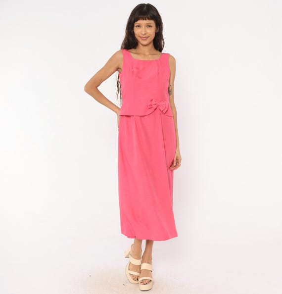 80s Pink Bow Dress Sleeveless Maxi Fuchsia Square Neck Peplum Gown Hot Rose Coquette Feminine Party Summer Bright Garden Vintage Large L