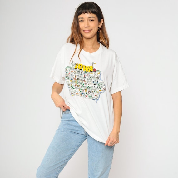 Vintage Iowa T-Shirt 90s White State Map Tee Tourist Destination Souvenir Graphic Unisex Travel Shirt 1990s Extra Large xl