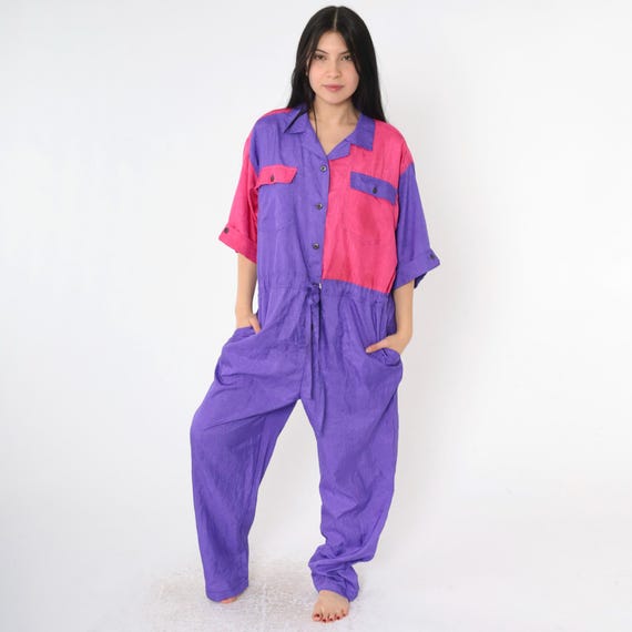 Vintage Color Block Jumpsuit 80s Purple Pink Button Up Ideas Drawstring Waist Crinkled Polyester Bright 1980s Oversized Extra Large xl