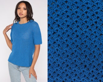 Sheer Crochet Top 70s Blue Knit Blouse Boho Blouse Open Weave Cut Out Vintage Bohemian Shirt Short Sleeve Cutout Top Simple Plain Medium