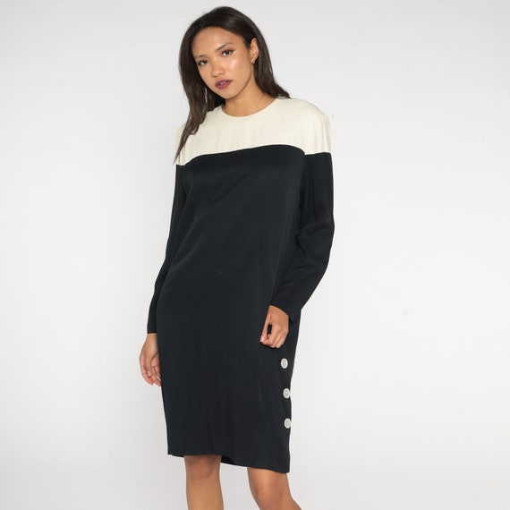 Color Block Dress Black White Midi Dress 80s Long Sleeve Party Dress Shift Vintage 1980s Simple Plain Asymmetrical Retro Button Side Medium