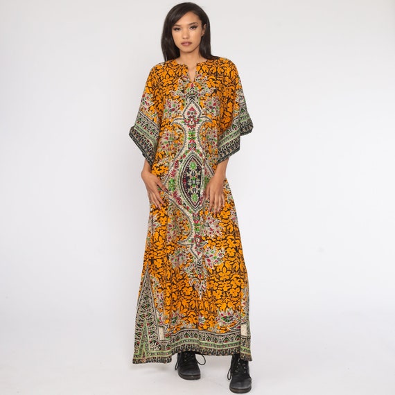 Dashiki Dress Boho Hippie Ethnic Maxi Bell Sleeve 1970s Batik Print Cotton ANGEL Sleeve Caftan 70s Yellow Bohemian Vintage Small S