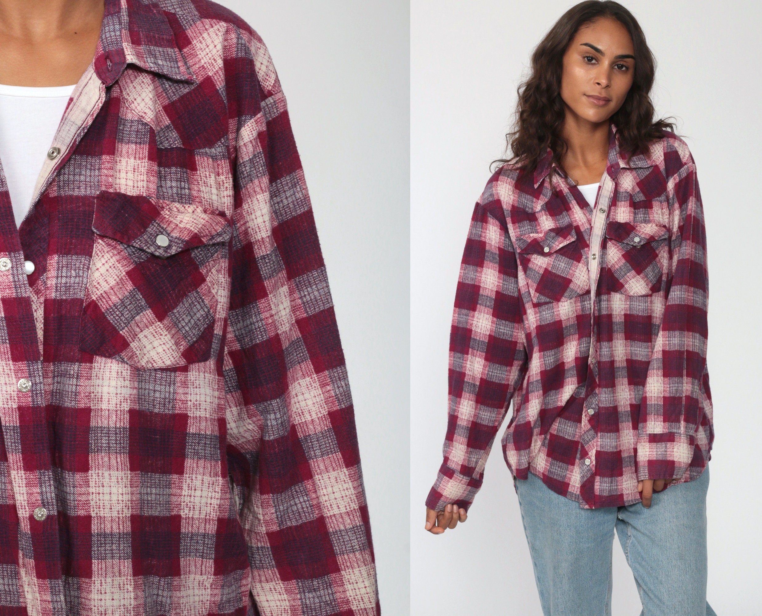 Red Flannel Shirt 90s Western Plaid 