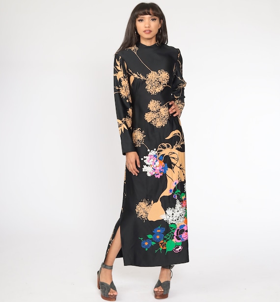 Hawaiian Floral Maxi Dress 70s Boho Black Graphic Print Long Sleeve Hippie High Neck 1970s Vintage Bohemian Retro Festival Medium Large