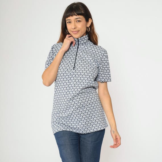70s Nautical Top Mod Vintage Sailor Anchor Print Short Sleeve Blue Quarter Zip Up Collared Mock Neck Boho 1970s Retro Medium Tall