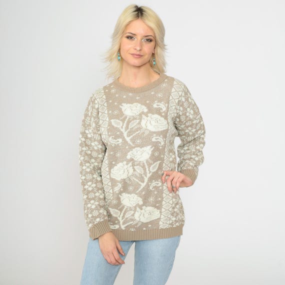 Metallic Floral Sweater 80s Glitter Knit Pullover Sweater Taupe Geometric Sparkly Flower Print Retro Glam Vintage 1980s Medium M