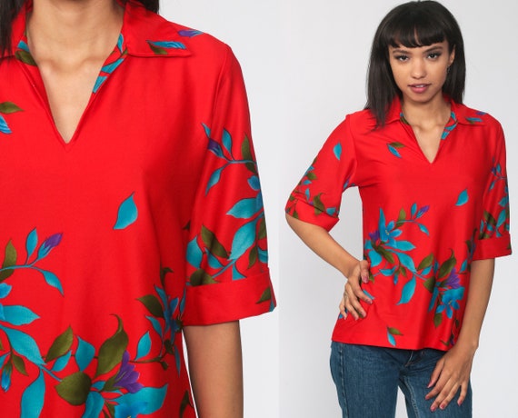 70s Floral Blouse Bright Red Boho Shirt 70s Top Short Sleeve Top Bohemian Summer Bohemian Vintage 1970s Collared Medium