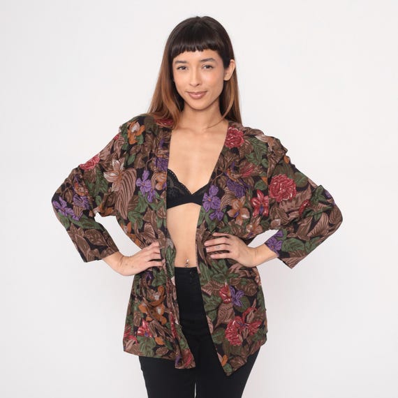 90s Floral Kimono Black Purple Red Burgundy Green Leaves Open Front Cardigan Duster Jacket Vintage Grunge Dark Cottagecore Small S