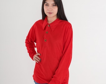 Red Velour Shirt 70s Polo Shirt Long sleeve Dagger Collared T-Shirt Retro Basic Plain Top Seventies Plain Collar Blouse Vintage 1970s Large