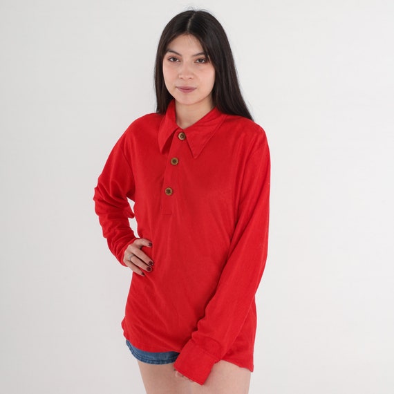 Red Velour Shirt 70s Polo Shirt Long sleeve Dagger Collared T-Shirt Retro Basic Plain Top Seventies Plain Collar Blouse Vintage 1970s Large