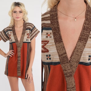70s Wrap Cardigan Rust Orange Southwest Striped Sweater Top Hippie Boho SPACE DYE 1970s Short Cap Sleeve Southwestern Vintage Bohemian Small