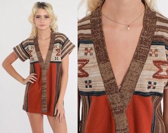 70s Wrap Cardigan Rust Naranja Suroeste Rayas Suéter Top Hippie Boho SPACE DYE 1970s Manga Corta Suroeste Vintage Boho Pequeño