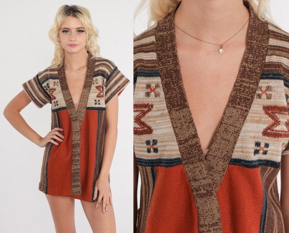 70s Wrap Cardigan Rust Orange Southwest Striped Sweater Top Hippie Boho SPACE DYE 1970s Short Cap Sleeve Southwestern Vintage Bohemian Small