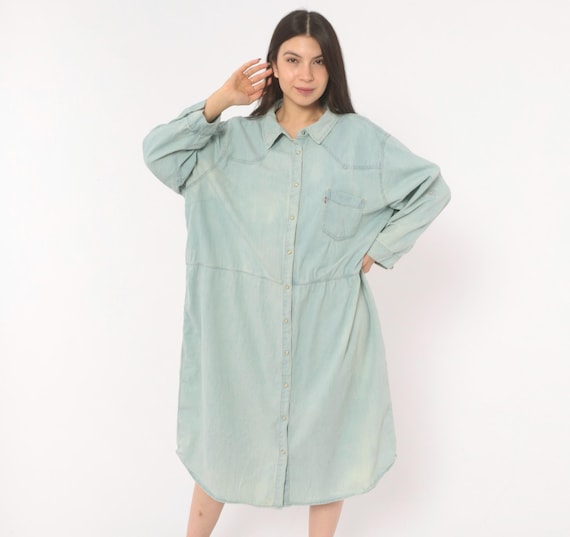 Levis Denim Shirt Dress Light Wash Chambray Snap Long Sleeve Midi Western Yoke Cotton Blue Plus Size Vintage 2000s Triple Extra Large 3XL