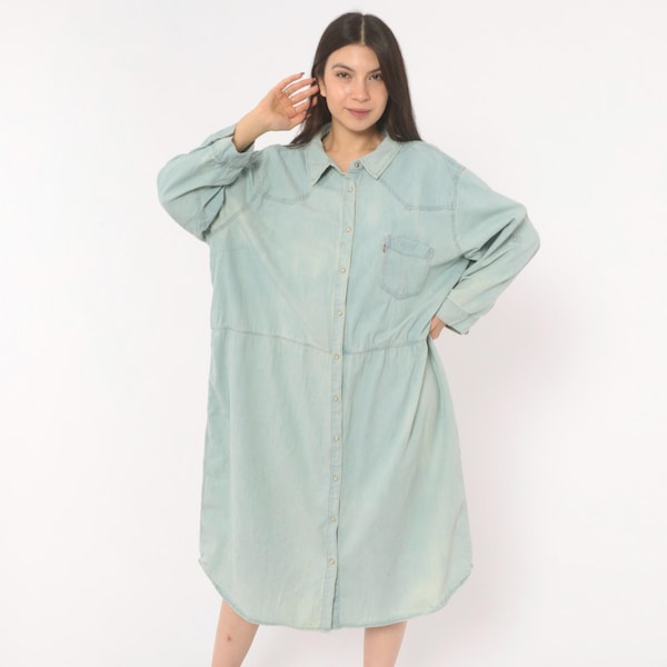 Levis Denim Shirt Dress Light Wash Chambray Snap Long Sleeve Midi Western Yoke Cotton Blue Plus Size Vintage 2000s Triple Extra Large 3XL