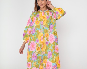 Vintage 60s 70s Quilted Floral Housecoat Stella Faquin Robe Dressing Gown Pink Yellow Mod Button Up Boho Hippie 1970s Lounge Wear Large