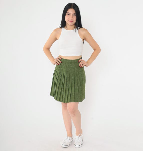 Vintage 60s Wool Mini Skirt Olive Green Flecked Buckle Kilt School Girl Skirt High Waist Preppy Retro Lolita 1960s 2xs xxs