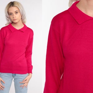 Deep Pink Sweater 80s Slouchy Collared Knit Pullover Jumper 1980s Hipster Vintage Plain Extra Small xs image 1