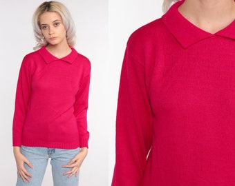 Deep Pink Sweater 80s Slouchy Collared Knit Pullover Jumper 1980s Hipster Vintage Plain Extra Small xs