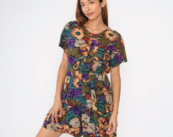 Tropischer Floraler Strampler 90er Jahre Rayon Playsuit Blumen Blätterdruck Button Up Weites Bein Shorts Olivgrün Lila Kurzarm Vintage 1990er Jahre Medium M