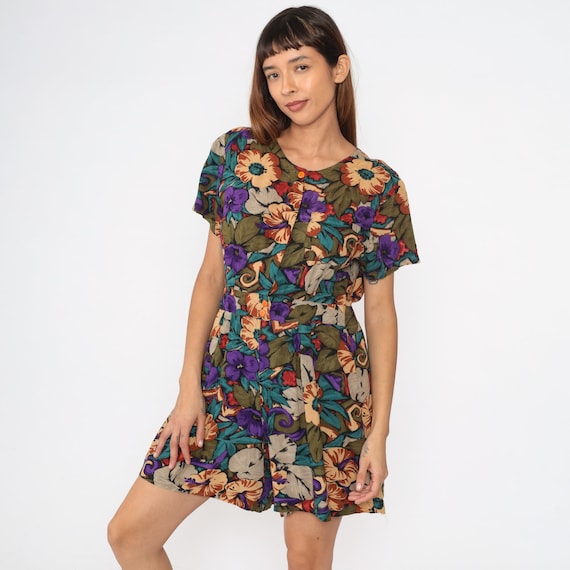Tropical Floral Romper 90s Rayon Playsuit Flower Leaf Print Button Up Wide Leg Shorts Olive Green Purple Short Sleeve Vintage 1990s Medium M