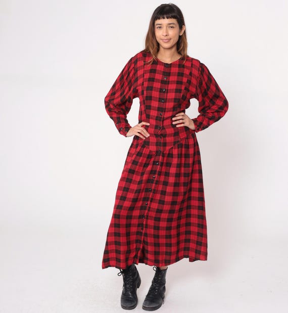 Buffalo Plaid Dress 90s Red Black Check Button Front Long Sleeve Round Neck Full Skirt Prairie Vintage Gingham Flannel Holidays Medium M