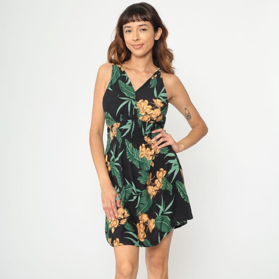 Y2K Tropical Dress Black Green Orange Floral Palm Leaf Tie Shoulder Straps V-Neck Sleeveless Mini Smocked Waist Rayon Summer Large L 12