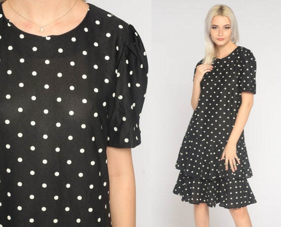 Polka Dot Party Dress 80s Tiered Dress Retro Black Knee Length Ruffled Boho Short Puff Sleeve Flounce Casual Vintage 1980s Large L