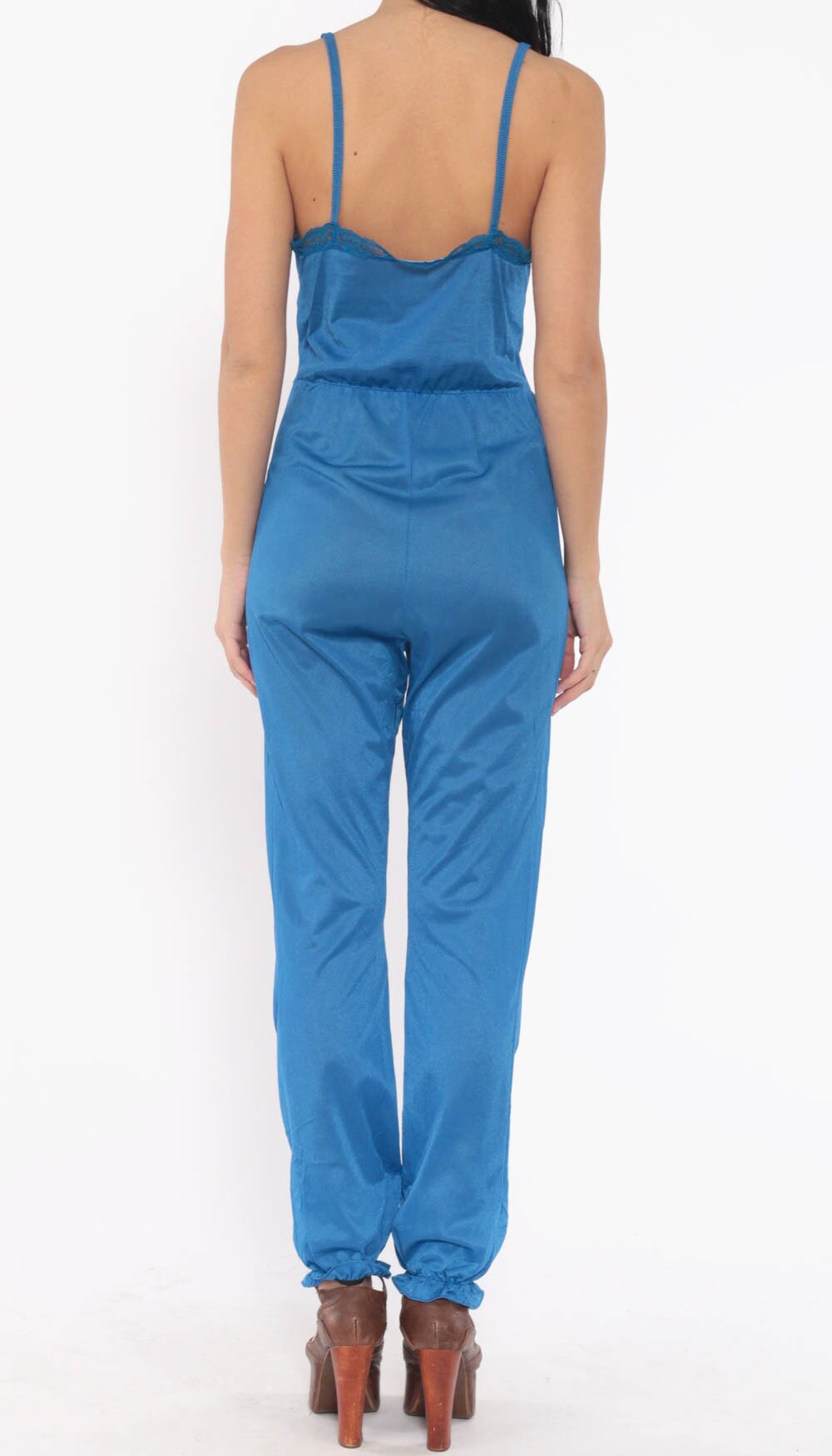 70s Lingerie Jumpsuit Romper Pants LACE Lingerie Royal Blue Sweetheart Neckline Baggy Onesie