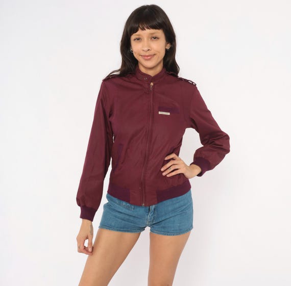80s Burgundy Bomber Jacket Coqui Sport Zip Front Wine Windbreaker Waistband Maroon Cranberry Lightweight Coat Vintage Extra Small XS