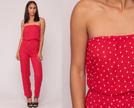 Strapless Jumpsuit 70s Disco High Waist Red Geometric Romper Pant Skinny Boho 80s Onesie Vintage Pantsuit Sleeveless Bohemian Small xs
