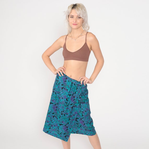 Floral Pencil Skirt 80s Midi Wrap Skirt High Waisted Wiggle Secretary Purple Turquoise Blue Rayon Flower Vintage 1980s Small Medium 6 8