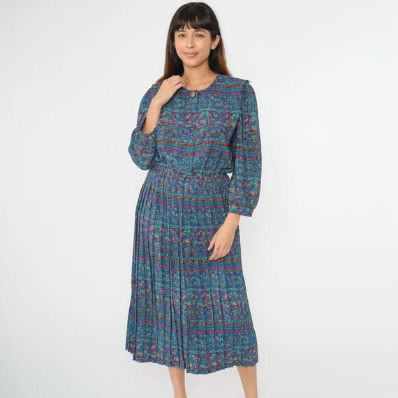 90s Pleated Button Up Dress Paisley Midi Dress Puff Sleeve High Waisted Shirtwaist Dress Secretary Striped Blue Print Vintage 1990s Medium M