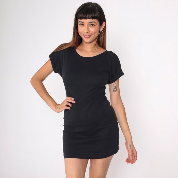 Black Bodycon Dress 90s Mini Party Dress Tight Short Cap Sleeve Sheath Body Con Dress Vintage Plain LBD Tshirt Dress Retro Going Out Small 6 Etsy UK