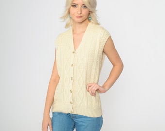 Cream Sweater Vest 70s Cable Knit Top V Neck Wool Blend Button up Sleeveless Sweater Retro Preppy Bohemian Hippie Vintage 1970s Small Medium