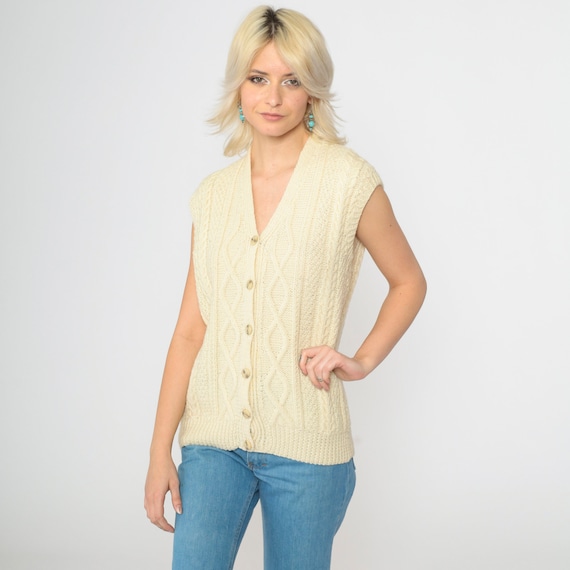 Cream Sweater Vest 70s Cable Knit Top V Neck Wool Blend Button up Sleeveless Sweater Retro Preppy Bohemian Hippie Vintage 1970s Small Medium