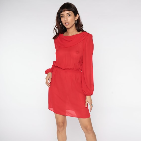 Cowl Neck Dress 80s Midi Sheer Red Dress Secretary PUFF Sleeve Dress 1980s Long High Waisted Preppy Drape Polyester Small S