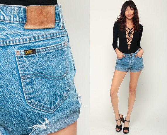 Denim Shorts Acid Wash 80s High Waisted LEE Boho Cutoffs Jean Cut offs High Rise 90s Vintage Frayed Bohemian Blue Retro Extra Small xs 2