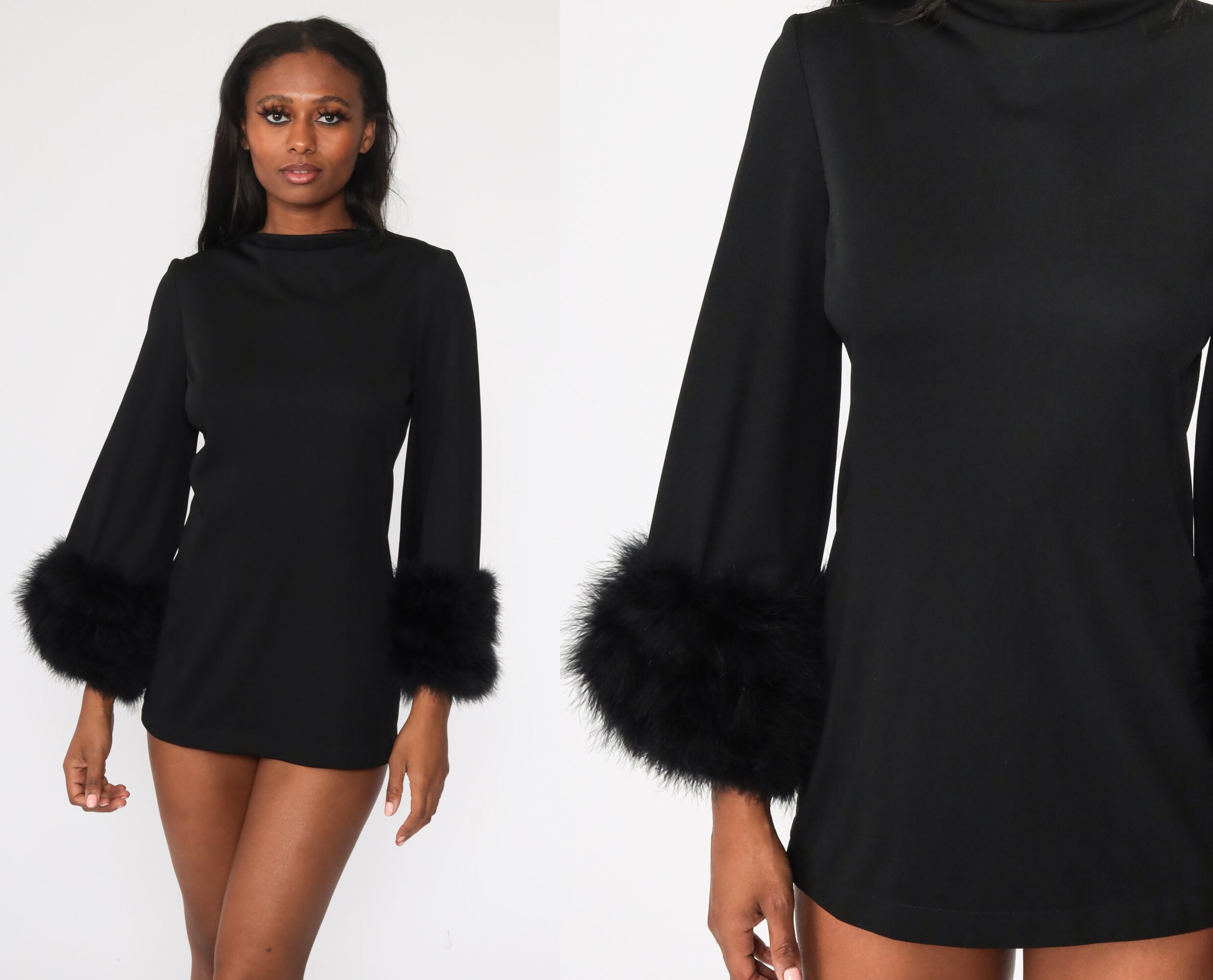 Feather Trim Dress Black Micro Mini Dress 70s Mod Dress Shift - Etsy  Australia